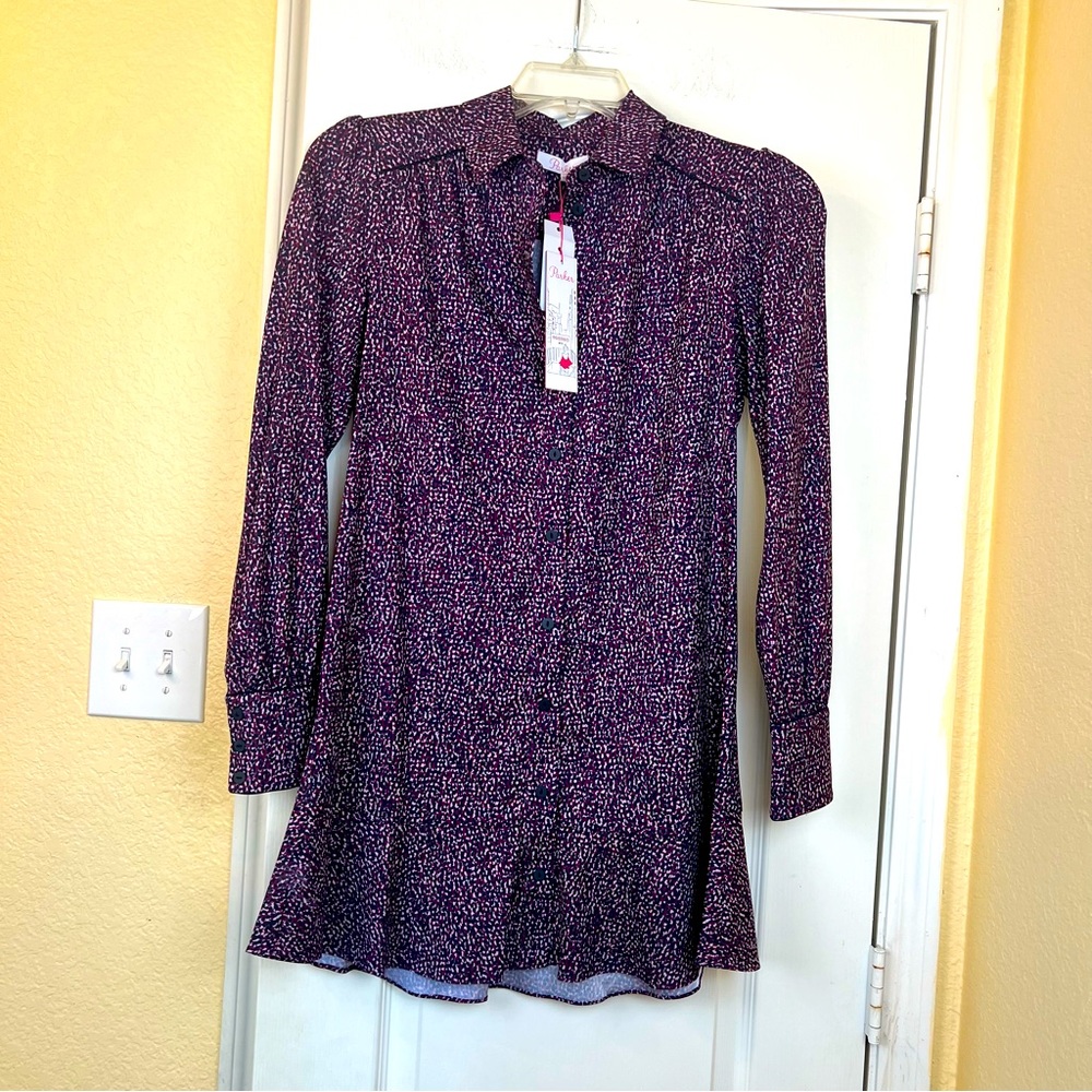 Parker Purple Print Short Long Sleeve Dress Size XS